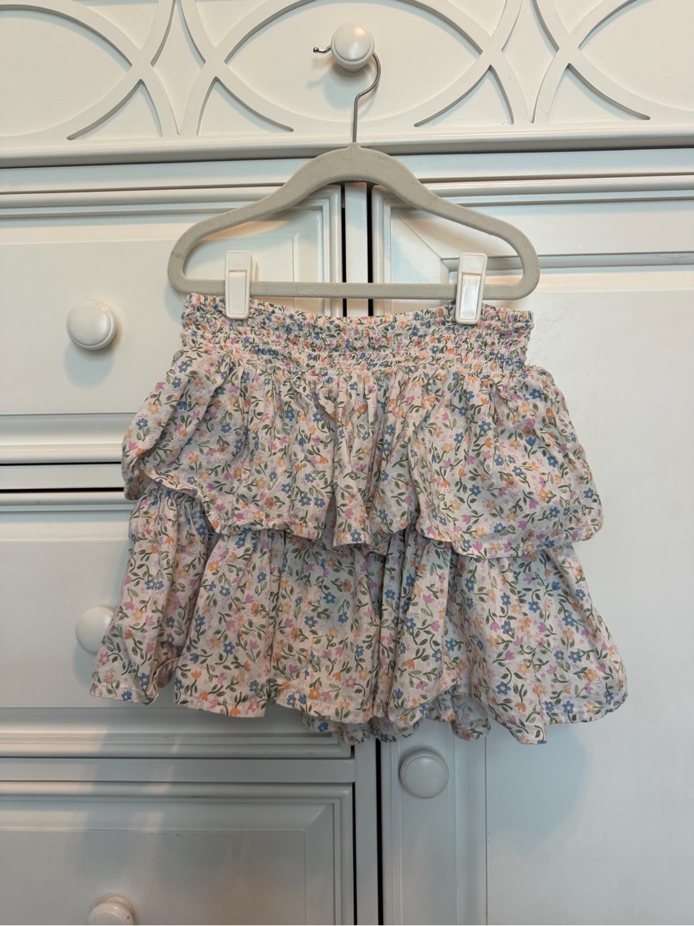 SO Girls Floral Tiered Skirt in White with Pink, Blue, and Green Floral Print